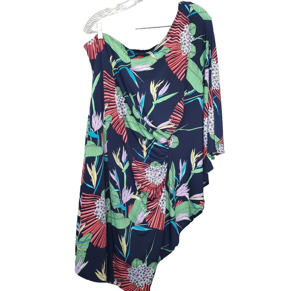 Trina Turk Tropical Print One Shoulder Bat Wing Gathered Lined Mini-Dress Sz 14